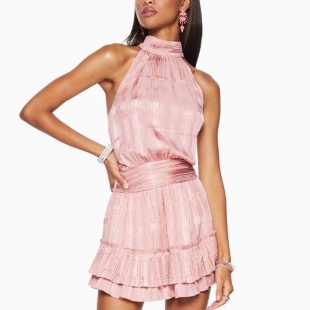 Ramy Brook Lowri Pink Metallic Plaid Silk Halter Mini Dress | S